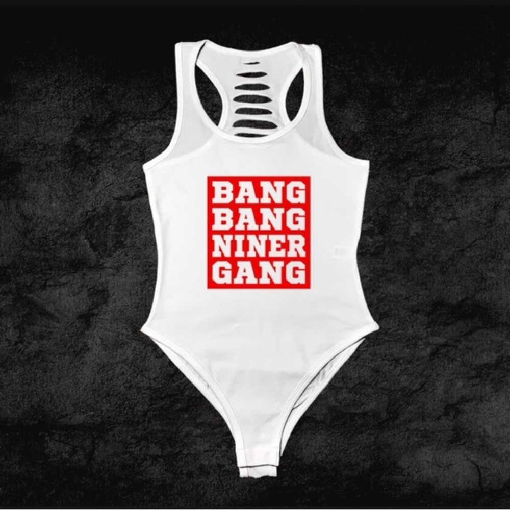 Black/White/Red San Francisco BANG BANG Niner Gang Bodysuit, SF Bodysuit